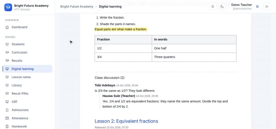 HTT Schools: options — the screen at this step