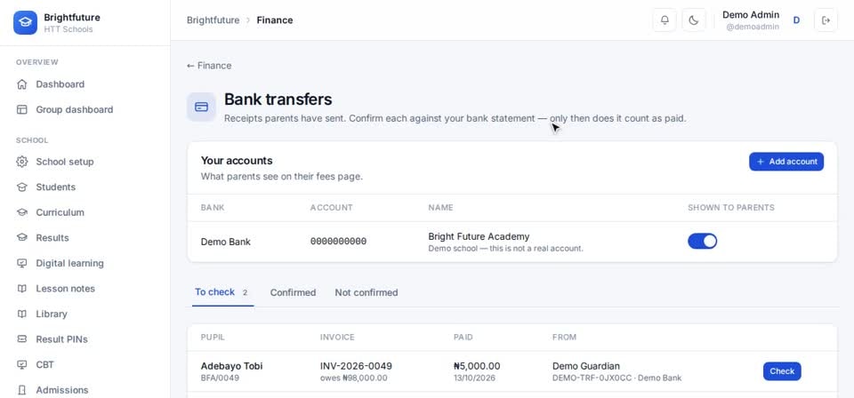 HTT Schools: bank transfers — the screen at this step