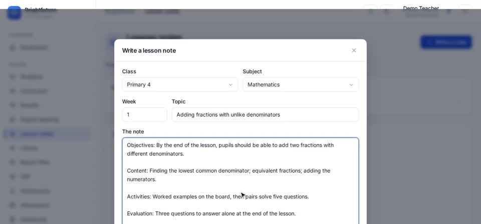 HTT Schools: the note — the screen at this step
