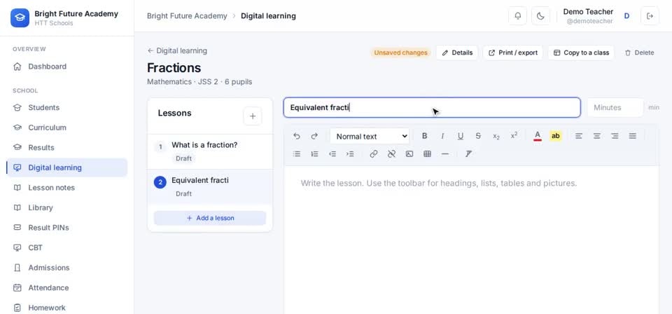 HTT Schools: more lessons — the screen at this step