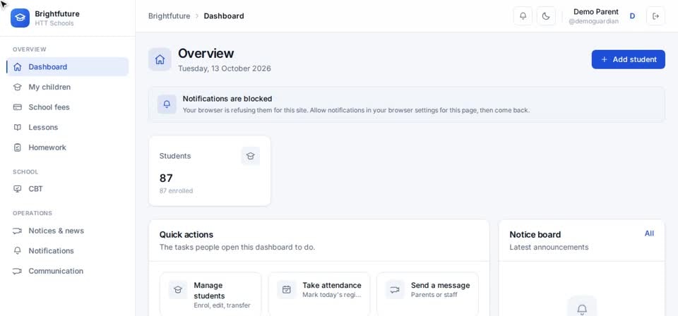 HTT Schools: turn notifications on — the screen at this step