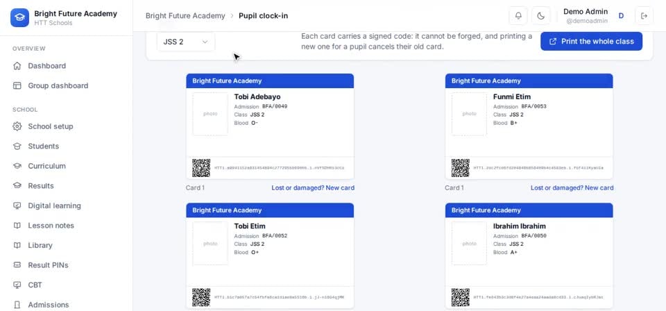 HTT Schools: lost card — the screen at this step