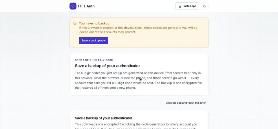 HTT Auth: why a backup — the screen at this step