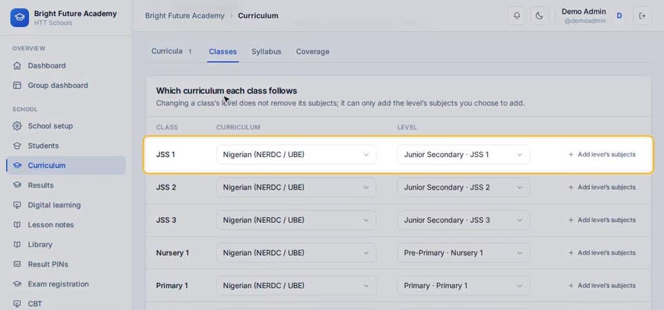 HTT Schools: classes tab — the screen at this step
