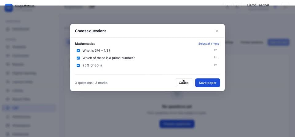 HTT Schools: choose questions — the screen at this step