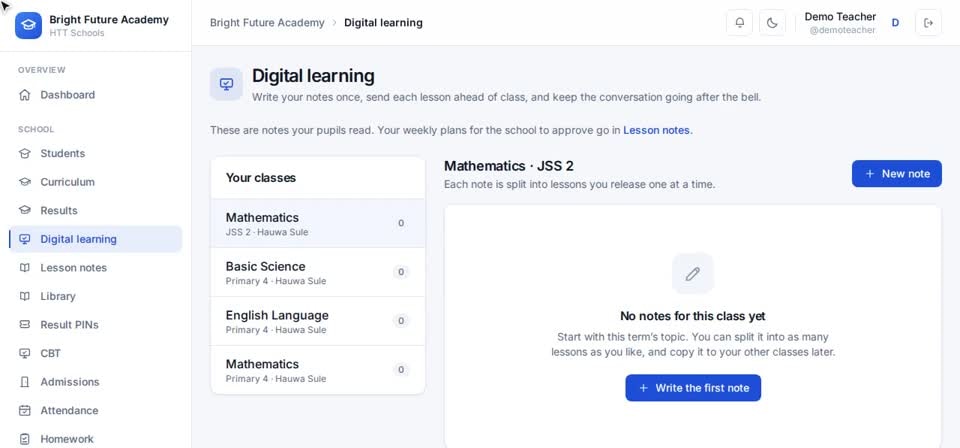HTT Schools: digital learning — the screen at this step