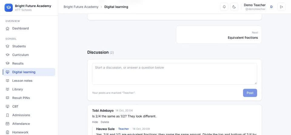 HTT Schools: reply — the screen at this step