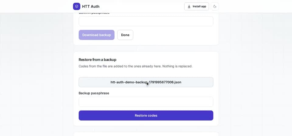 HTT Auth on screen, from the “Restoring your codes onto a new phone” training