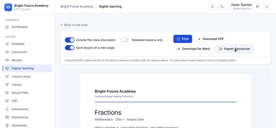 HTT Schools: word and the discussion — the screen at this step