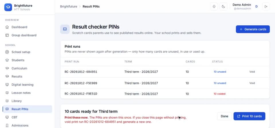 HTT Schools: one pupil per card — the screen at this step