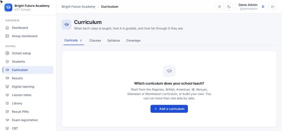 HTT Schools: open curriculum — the screen at this step