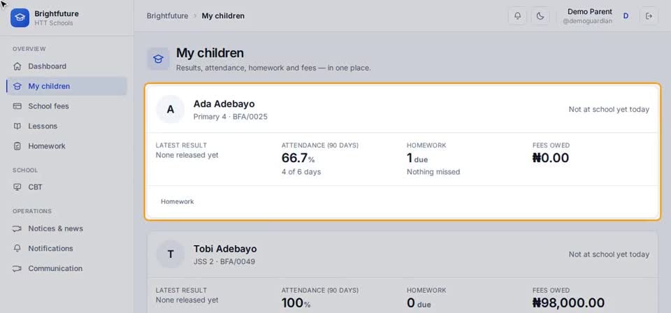 HTT Schools: my children — the screen at this step