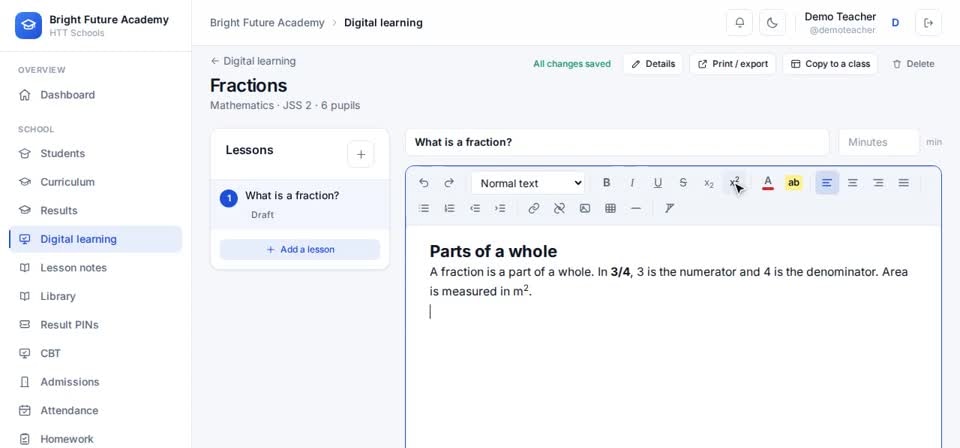 HTT Schools: bold and superscript — the screen at this step
