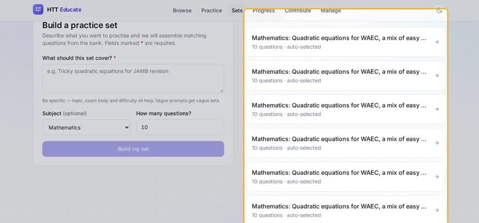 HTT Educate: your sets — the screen at this step