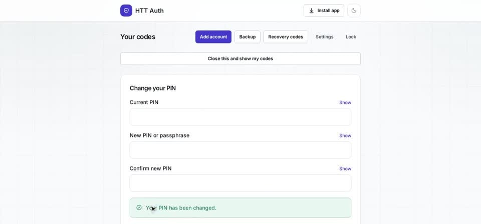 HTT Auth: change pin — the screen at this step