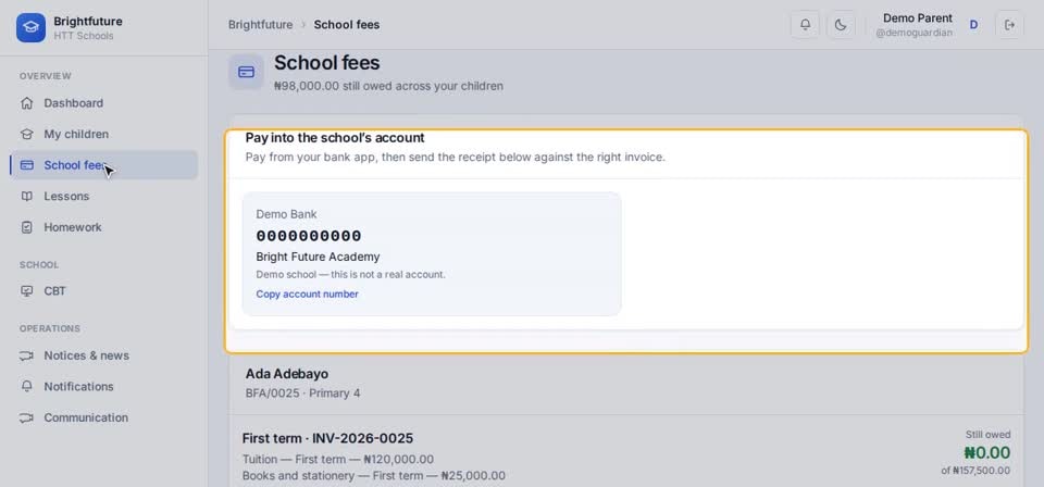 HTT Schools: school fees — the screen at this step