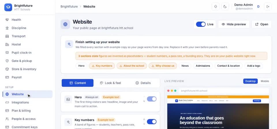 HTT Schools: website — the screen at this step
