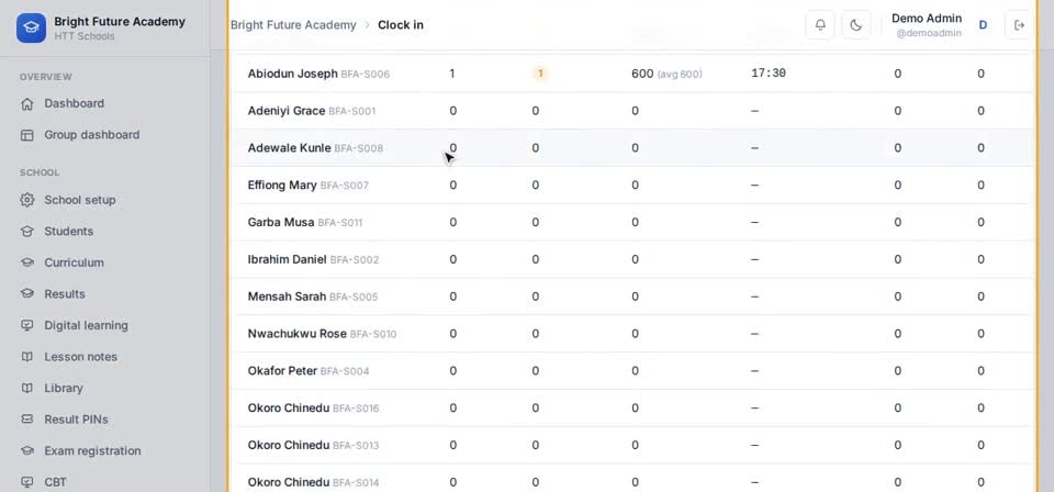 HTT Schools: punctuality — the screen at this step
