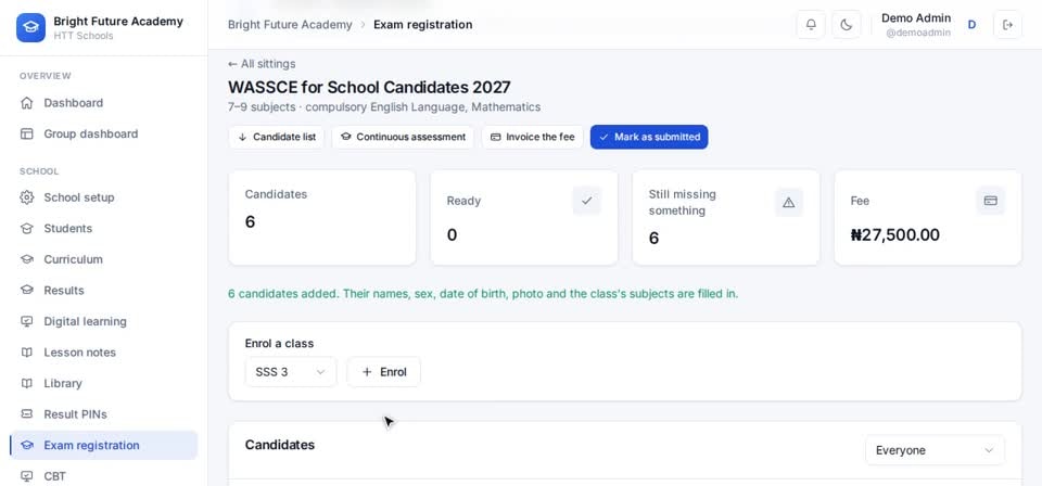 HTT Schools: enrol — the screen at this step