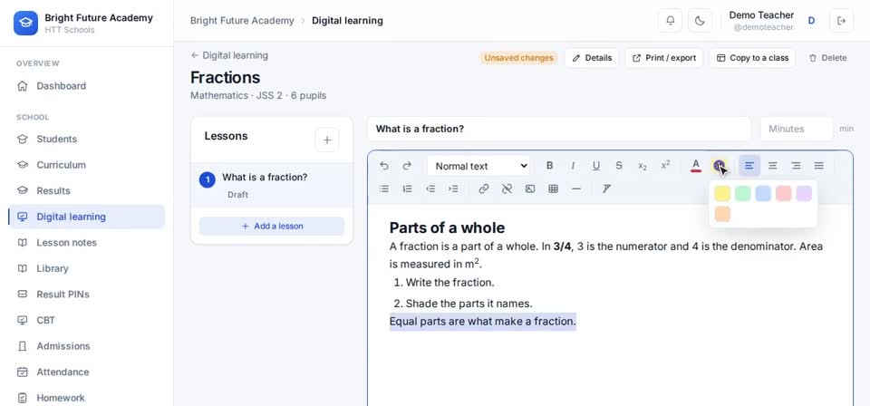 HTT Schools: lists and highlight — the screen at this step