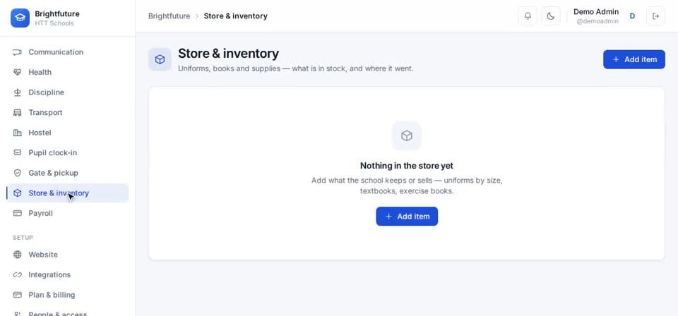 HTT Schools: store and inventory — the screen at this step