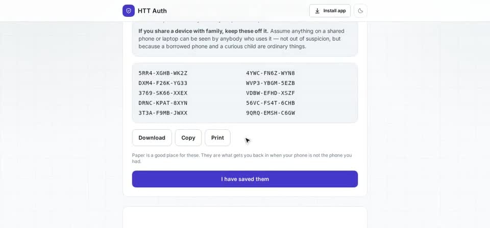 HTT Auth on screen, from the “Recovery codes” training