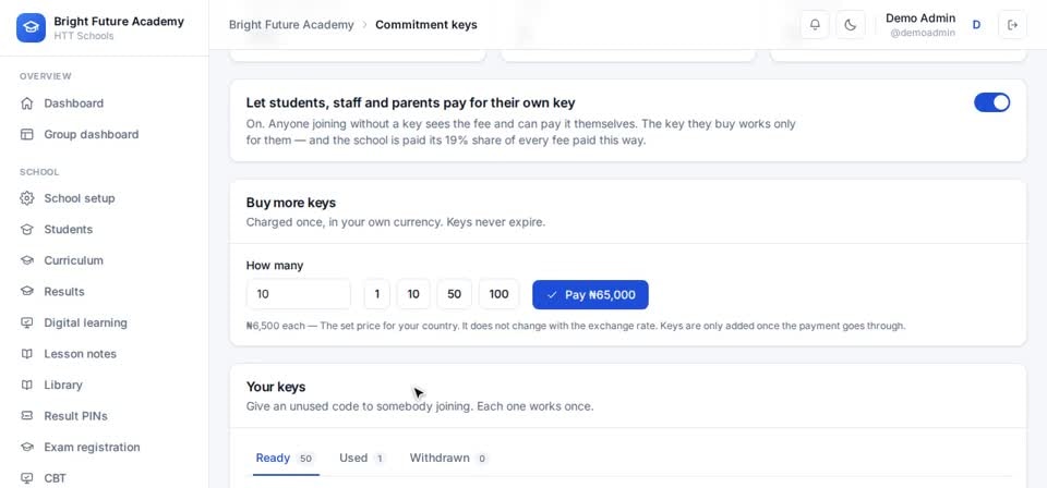 HTT Schools: the price — the screen at this step