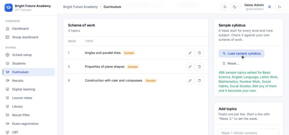 HTT Schools: load the sample — the screen at this step