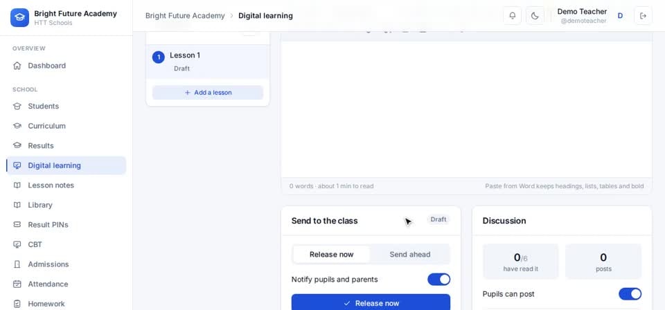 HTT Schools: the page — the screen at this step