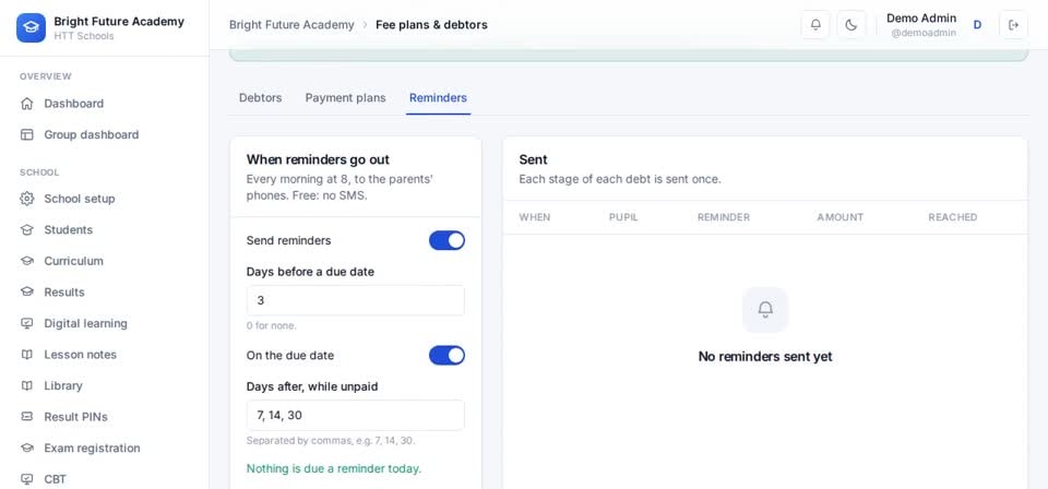 HTT Schools: send now — the screen at this step