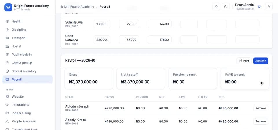 HTT Schools: the totals — the screen at this step