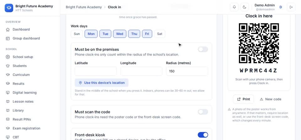 HTT Schools: location and code — the screen at this step