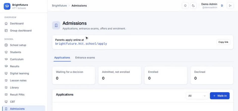 HTT Schools: admissions — the screen at this step