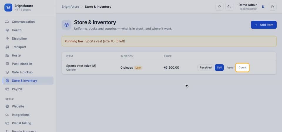 HTT Schools: counting and low stock — the screen at this step