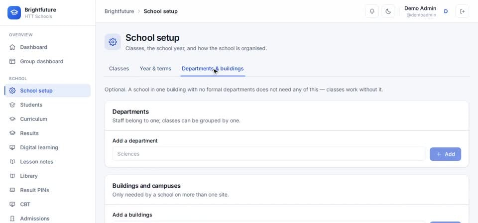 HTT Schools: departments and buildings — the screen at this step