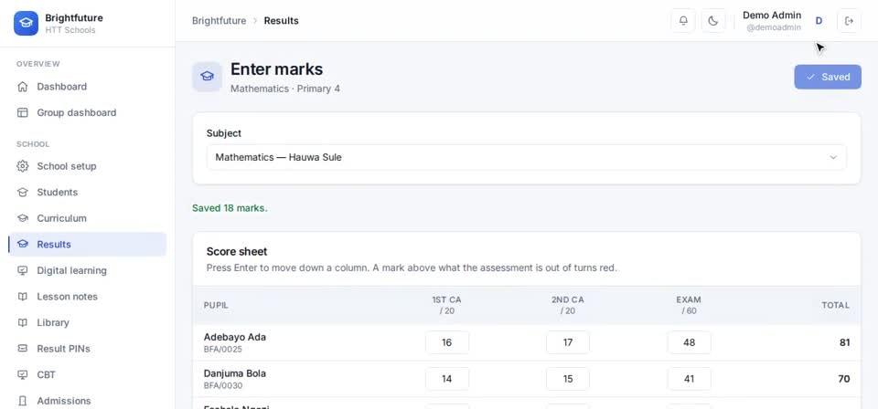 HTT Schools: save marks — the screen at this step