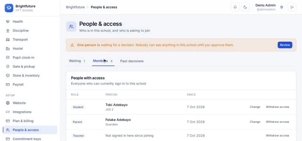HTT Schools: members — the screen at this step