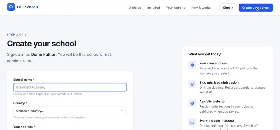 HTT Schools: create your school — the screen at this step