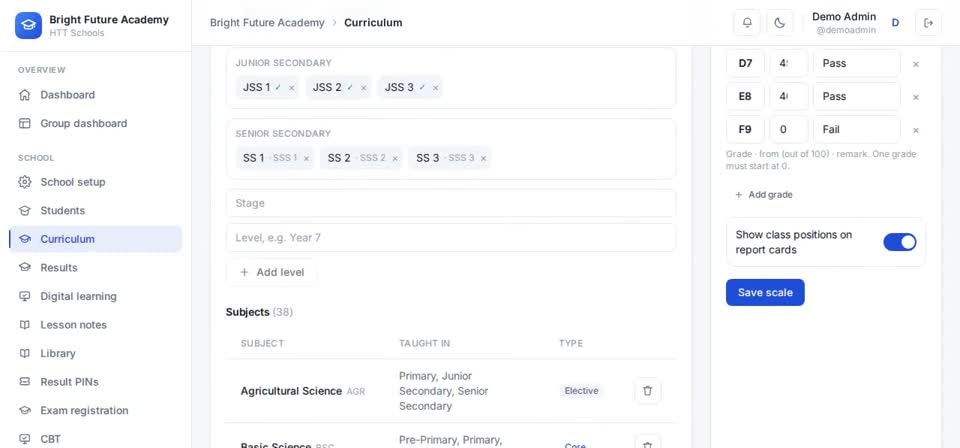 HTT Schools: levels and subjects — the screen at this step