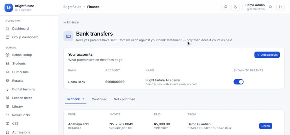 HTT Schools: your accounts — the screen at this step