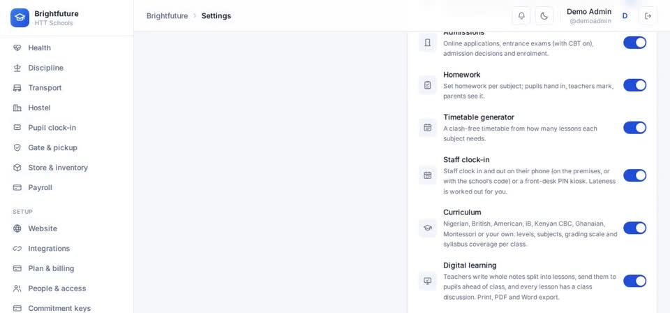 HTT Schools: modules — the screen at this step