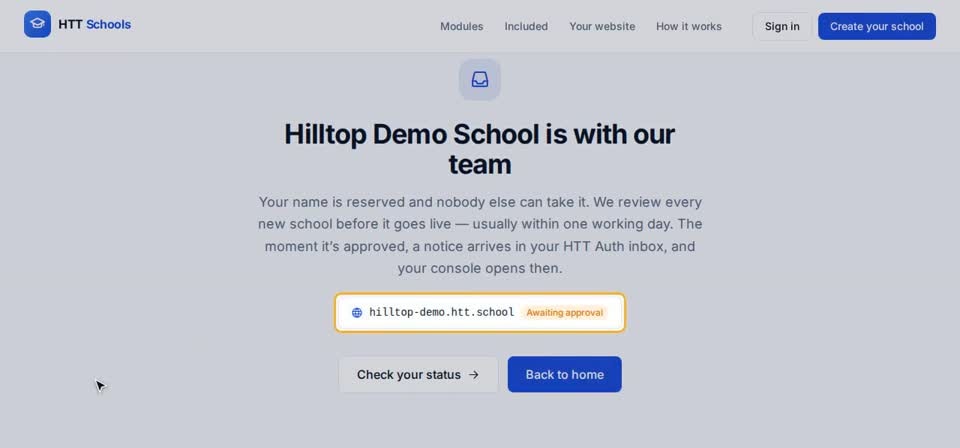 HTT Schools: under review — the screen at this step