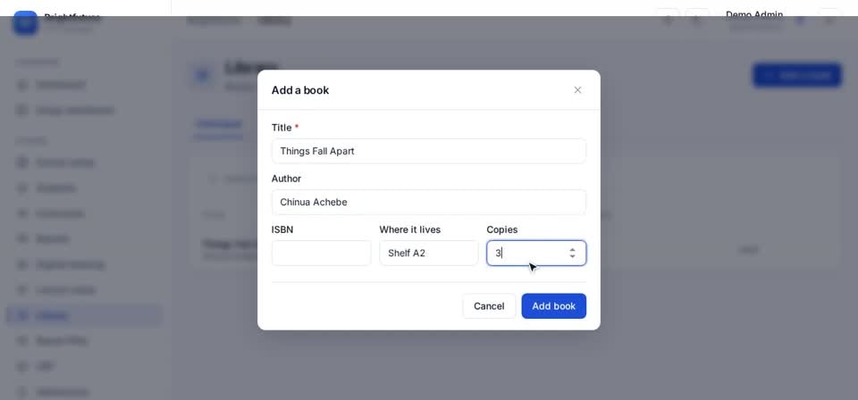 HTT Schools: add a book — the screen at this step