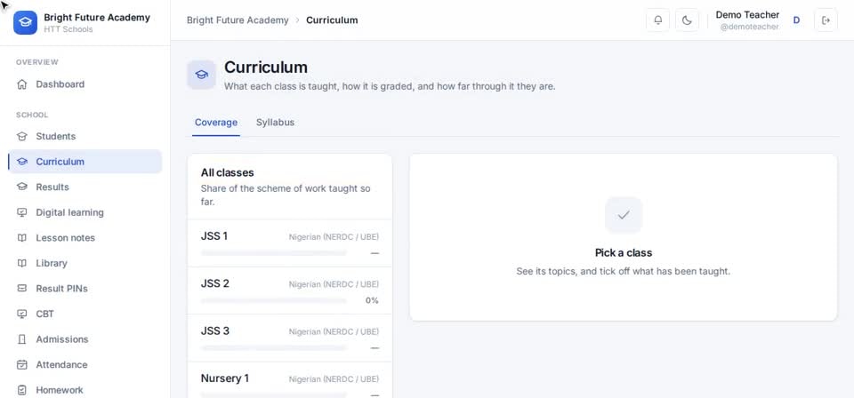 HTT Schools: coverage — the screen at this step
