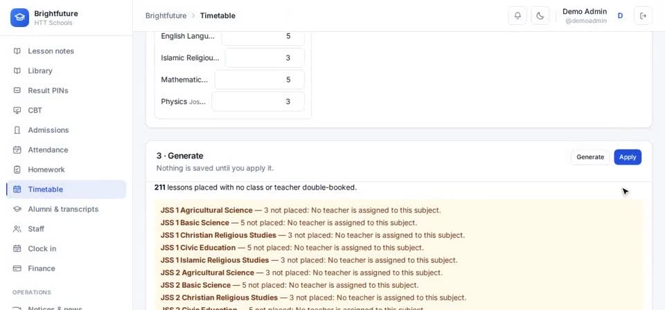 HTT Schools: generate — the screen at this step