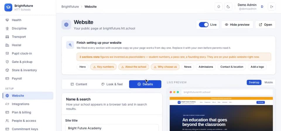 HTT Schools: preview and open — the screen at this step