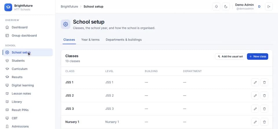 HTT Schools: school setup — the screen at this step