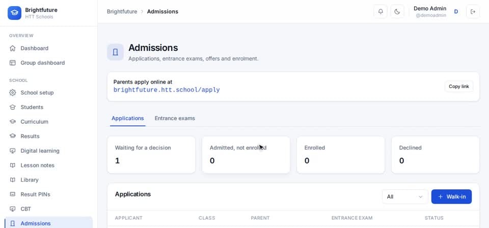 HTT Schools: the exam slip — the screen at this step