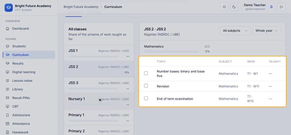 HTT Schools: your class — the screen at this step