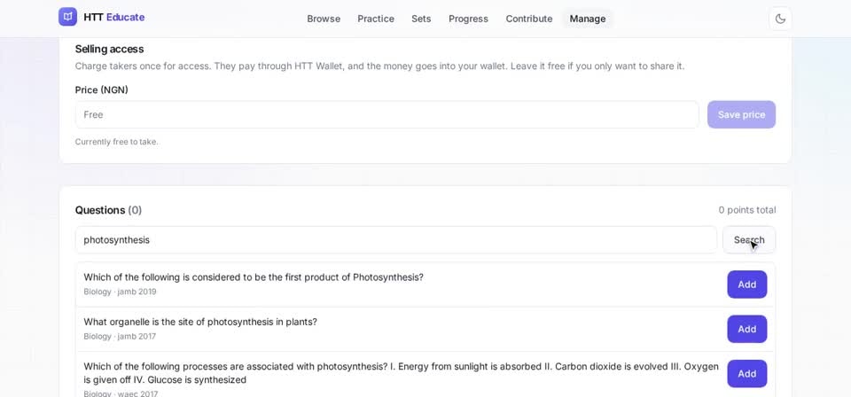 HTT Educate: find questions — the screen at this step